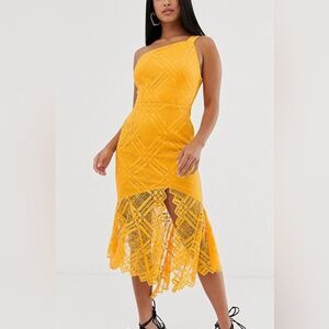 ASOS Lace Midi Dress Yellow One Shoulder NEW 10 Tall